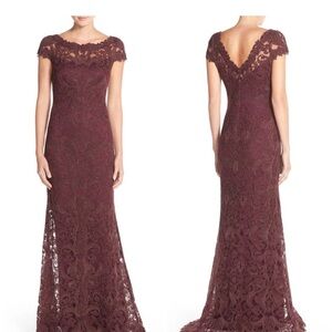 TADASHI SHOJI Corded Embroidery Formal Gown 10 Burgundy Maxi Dress Size 6